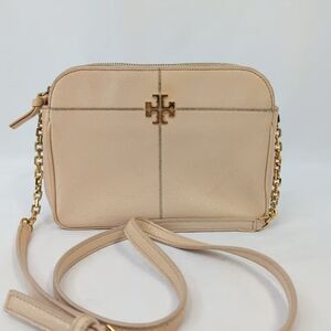 Tory Burch Marion Double Zip Crossbody Bag Beige Pebbled Leather Gold Chain